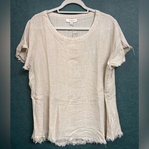 NWT XL Umgee Women's Beige Frayed Short Sleeve Top